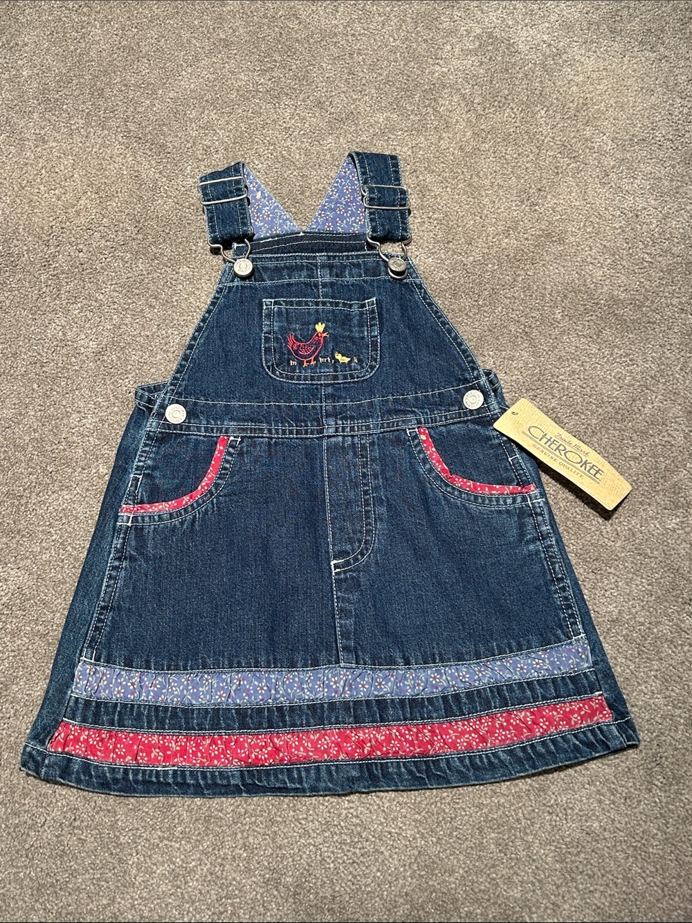 Vintage Cherokee Denim Blue Girls' Pinafore Dress with Red and Lavender Accents